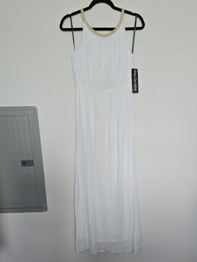 NWT Nina Leonard White Maxi Dress with Gold Braided Neckline